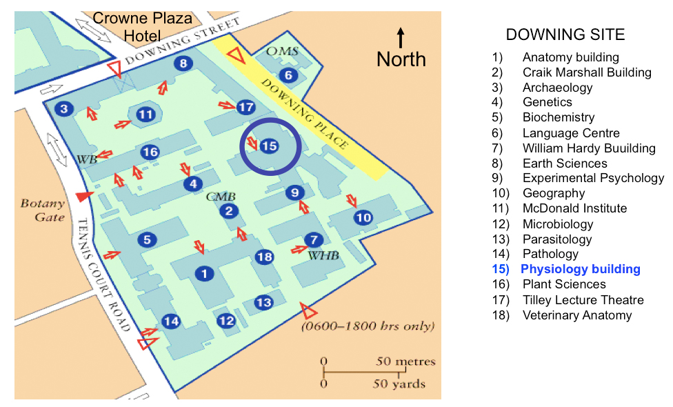 Map of the Downing Site with the Physiology building (number 15) circled, beside Downing Place. The site has entrances on Downing Street, Downing Place and Tennis Court Road.