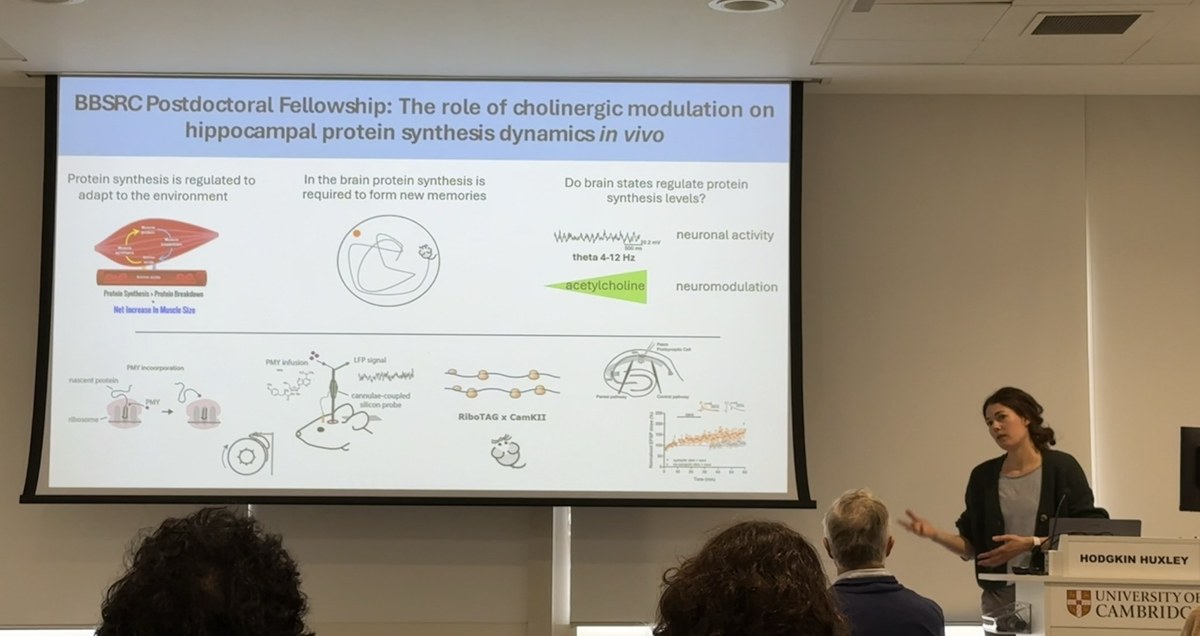 Tanja Fuchsberger at the lectern presenting a slide titled 'BBSRC Postdoctoral Fellowship: The role of cholinergic modulation on hippocampal protein synthesis dynamics in vivo'